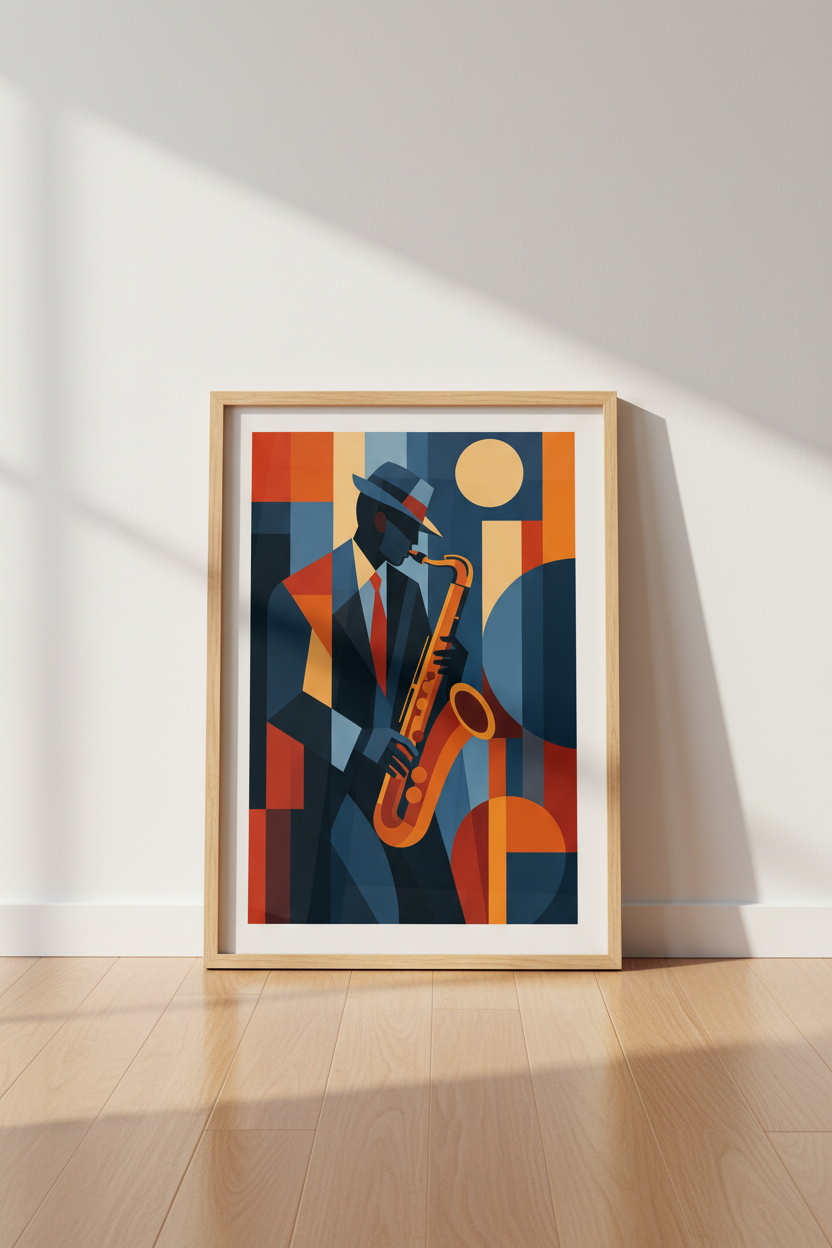 Abstract Jazz Saxophone Wall Art | Mid Century Modern Decor | Blue Orange Poster