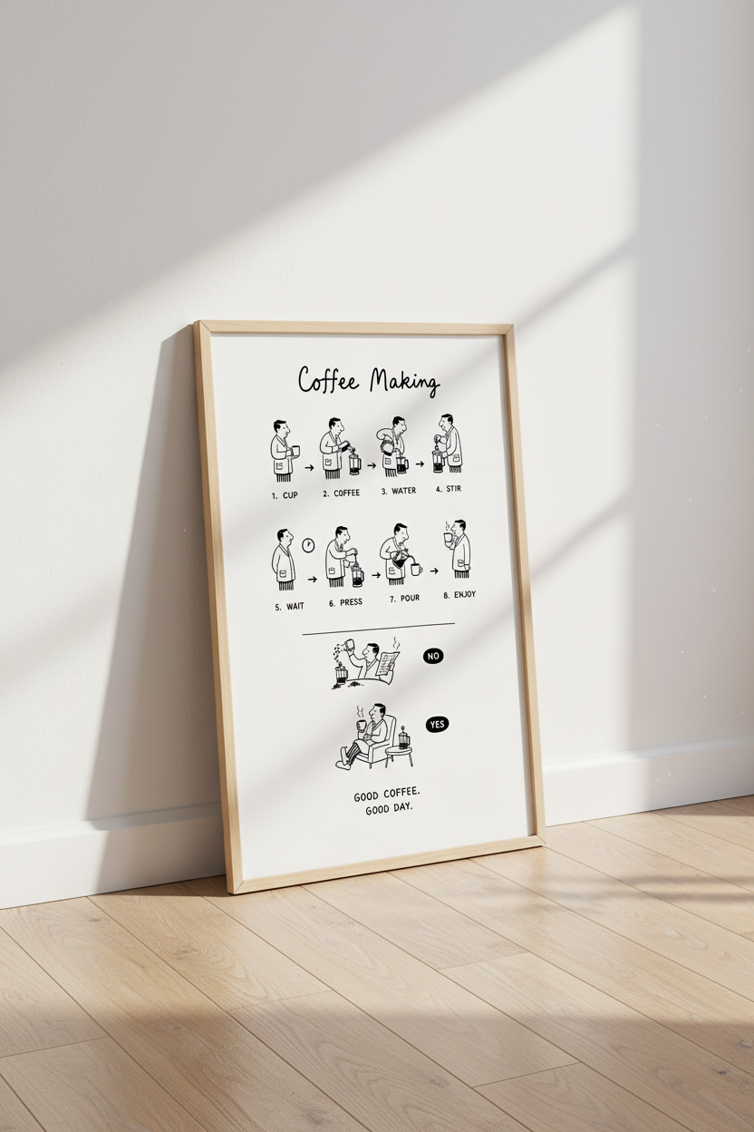 Coffee Making Instruction Art | French Press Guide Kitchen Print | Minimalist Poster