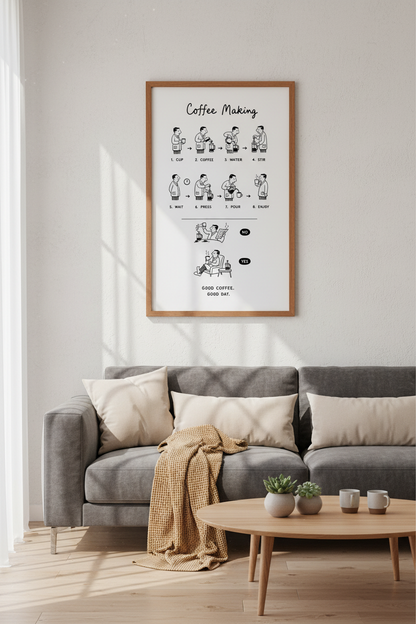 Coffee Making Instruction Art | French Press Guide Kitchen Print | Minimalist Poster