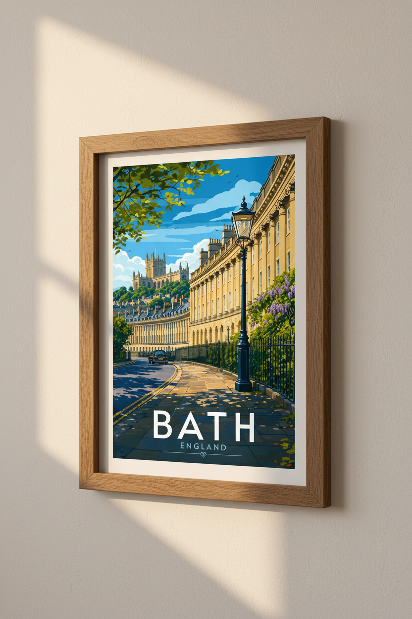 Bath England Travel Poster | Royal Crescent Architecture, British City Wall Art
