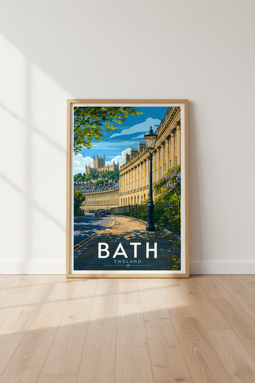 Bath England Travel Poster | Royal Crescent Architecture, British City Wall Art