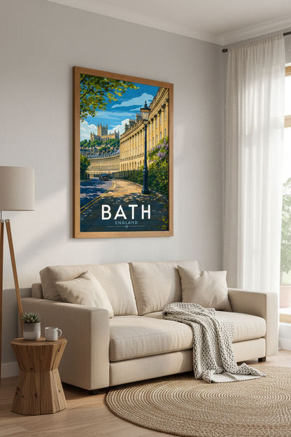 Bath England Travel Poster | Royal Crescent Architecture, British City Wall Art