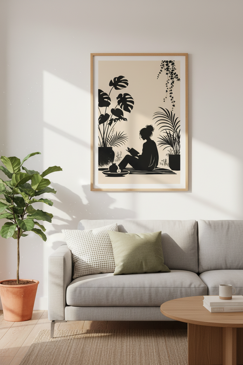 Reading Girl Silhouette | Minimalist Botanical Black &amp; Beige, Reading Nook Decor