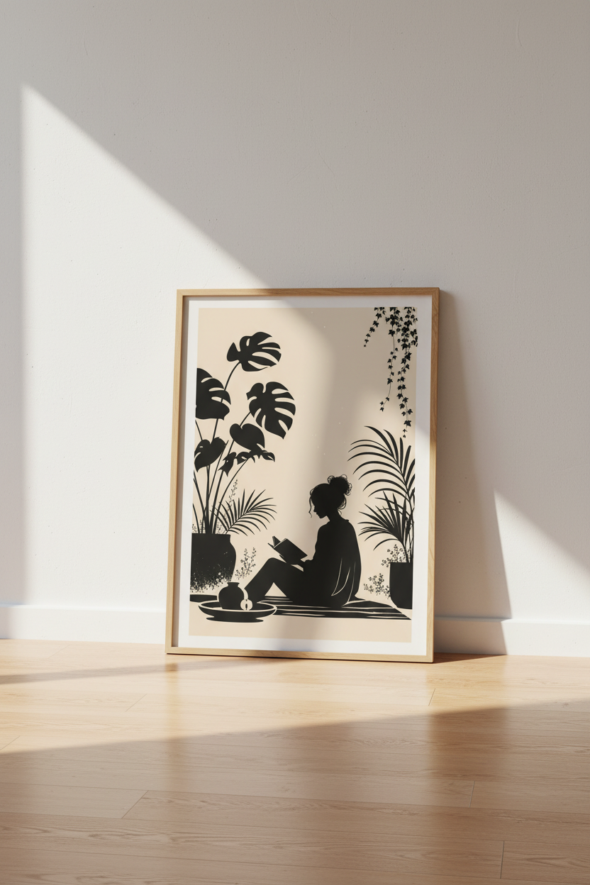 Reading Girl Silhouette | Minimalist Botanical Black &amp; Beige, Reading Nook Decor