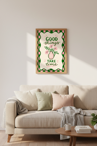 Preppy Danish Pastel Print | Pink and Green Flower Poster, Motivational Dorm Decor