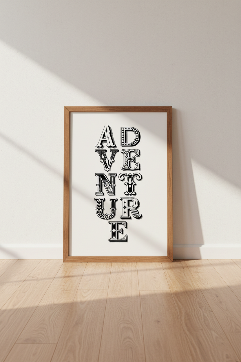 Adventure Typography Wall Art | Vintage Victorian Print, Black and White Poster