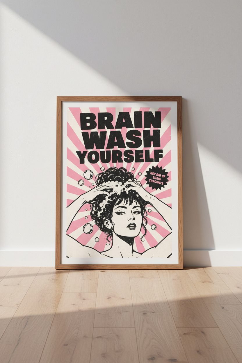 Brain Wash Yourself Wall Art | Pink Retro Pop Art Poster | Aesthetic Bathroom Decor