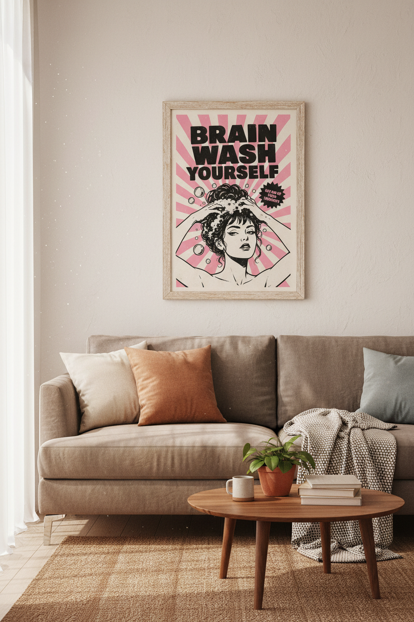 Brain Wash Yourself Wall Art | Pink Retro Pop Art Poster | Aesthetic Bathroom Decor