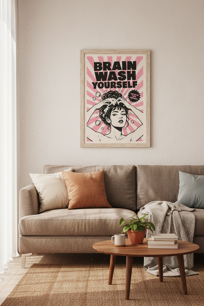 Brain Wash Yourself Wall Art | Pink Retro Pop Art Poster | Aesthetic Bathroom Decor