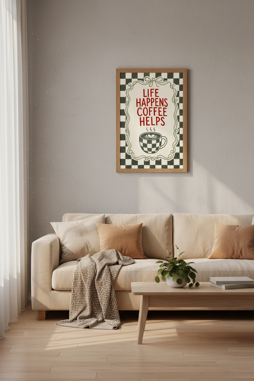 Life Happens Coffee Helps Art Print | Kitchen Decor | Retro Checkered Poster