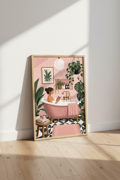 Woman in Bathtub Art | Pink Botanical Bathroom Decor, Self Care Poster Print