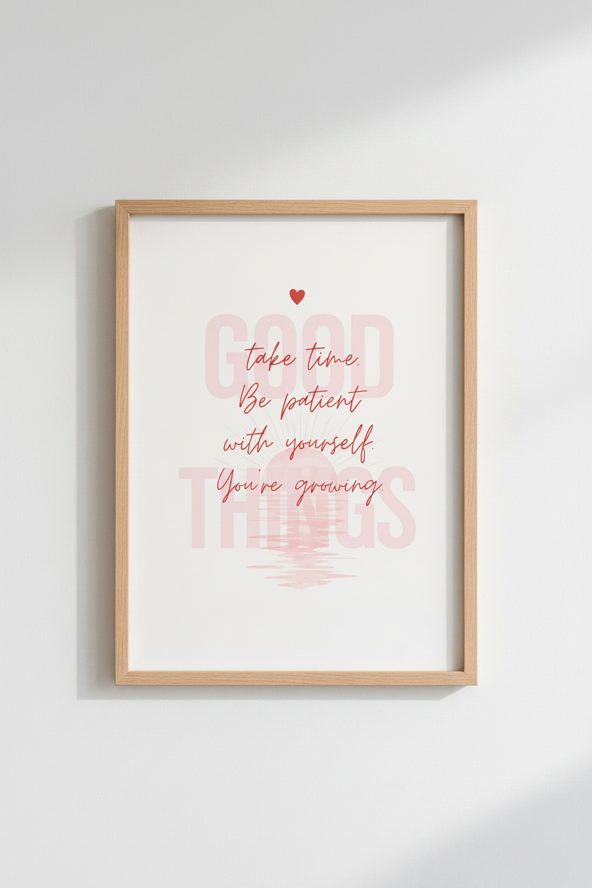 Good Things Take Time Wall Art | Pink Sunset Quote Print | Modern Minimalist Poster