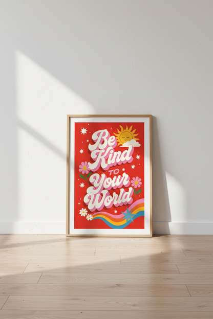 Be Kind To Your World Print | Retro Groovy Red Typography, Nursery Office Decor