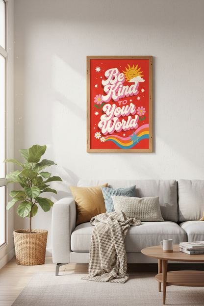 Be Kind To Your World Print | Retro Groovy Red Typography, Nursery Office Decor