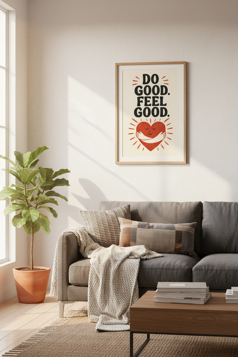 Do Good Feel Good Wall Art | Retro Heart Poster, Motivational Home Office Decor