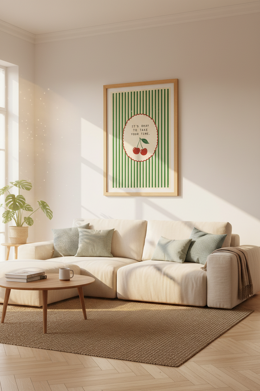 Retro Cherry Quote Wall Art | Green Striped Aesthetic Poster, Kitchen Decor