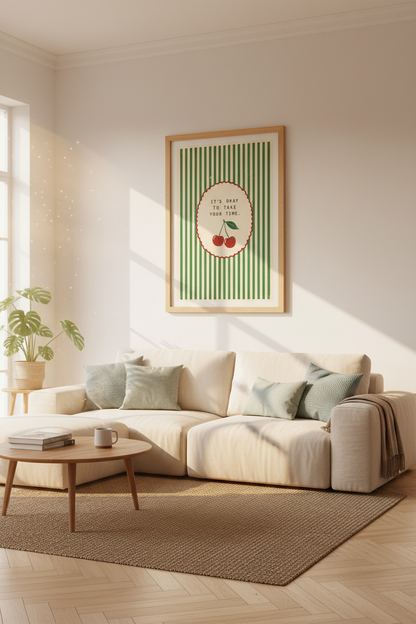 Retro Cherry Quote Wall Art | Green Striped Aesthetic Poster, Kitchen Decor