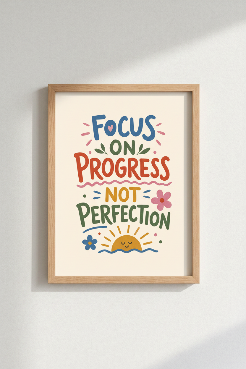 Progress poster | Bold colorful typography, sunlit palette | Living room decor