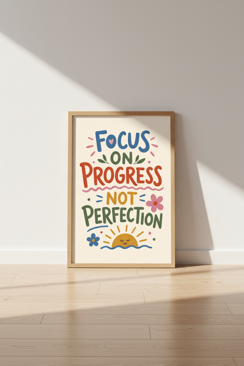 Progress poster | Bold colorful typography, sunlit palette | Living room decor