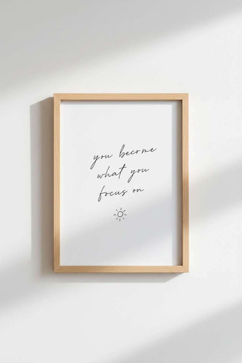 You Become What You Focus On Quote | Minimalist Script, Home Office Wall Art
