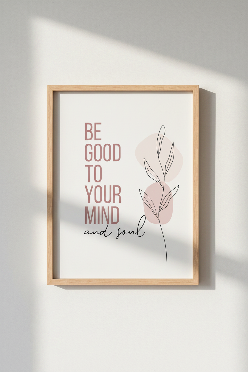 Mindful Soul Quote Wall Art | Blush Pink Botanical Decor | Minimalist Poster