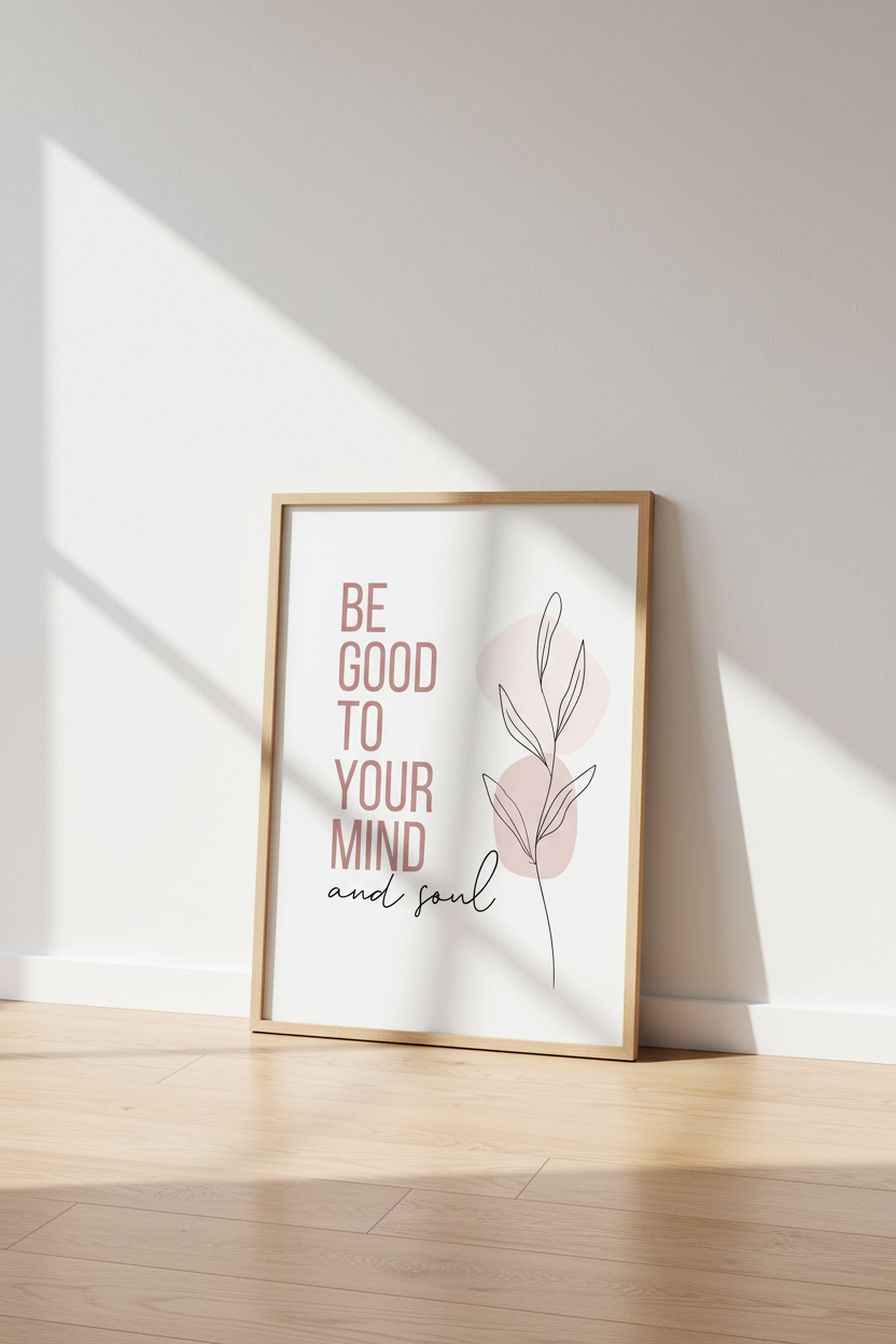 Mindful Soul Quote Wall Art | Blush Pink Botanical Decor | Minimalist Poster