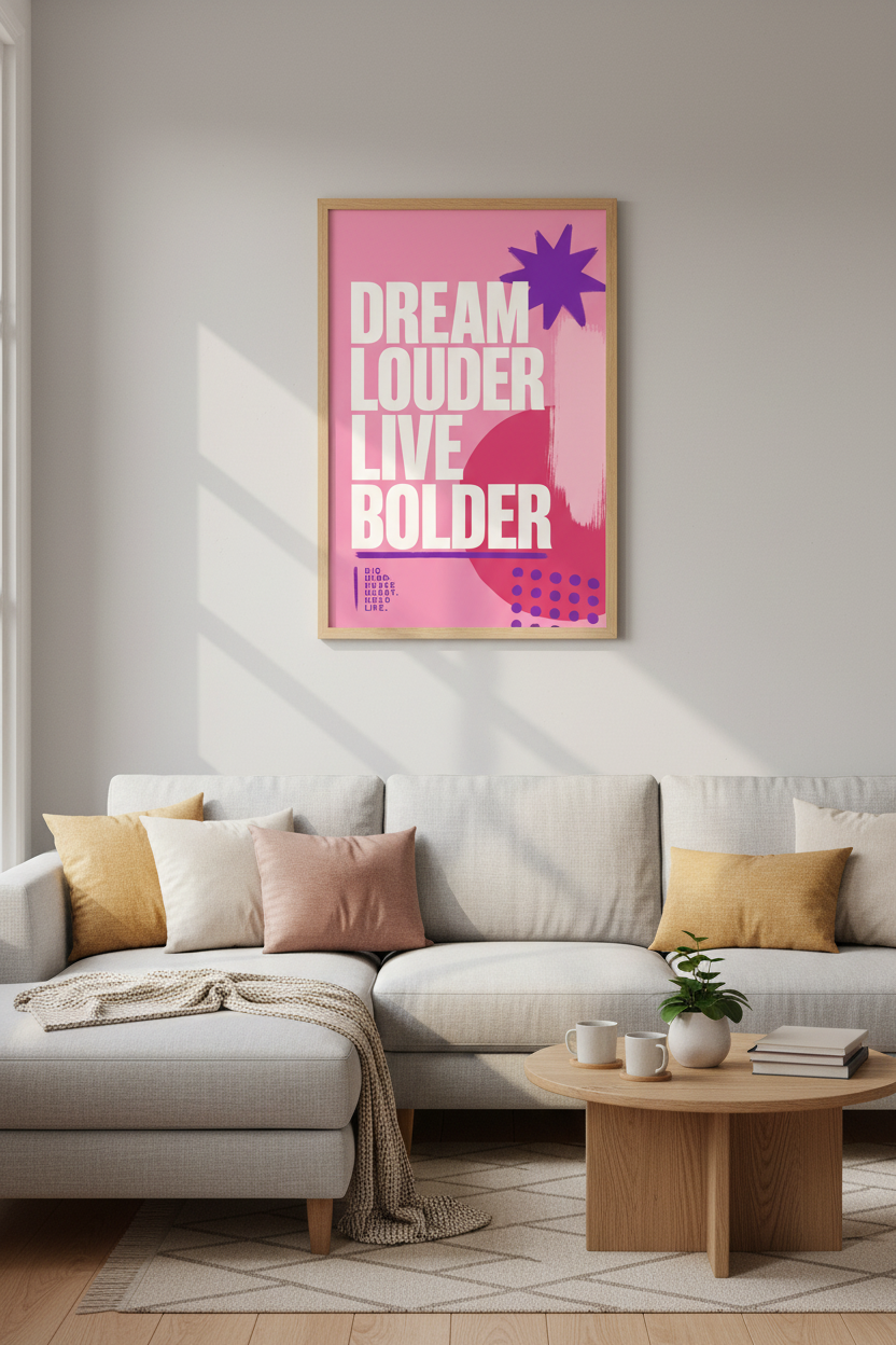 Dream Louder Live Bolder Wall Art | Pink Motivational Poster | Modern Office Decor