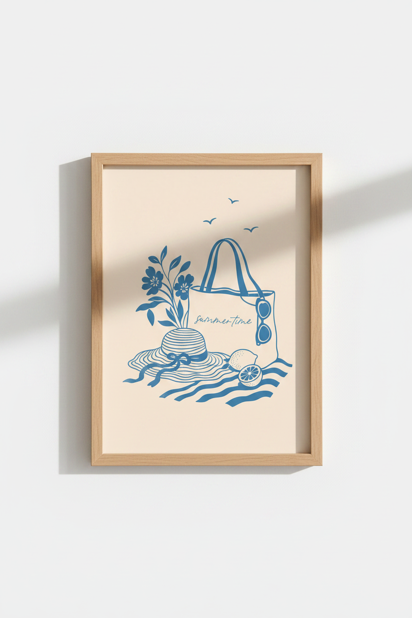 Coastal Summer Art Print | Minimalist Blue Beach Decor | Mediterranean Poster