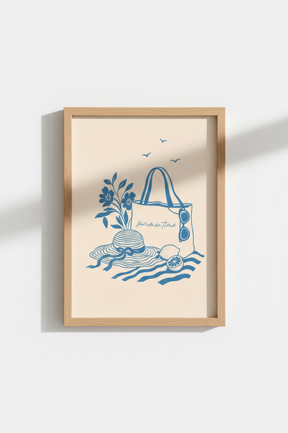 Coastal Summer Art Print | Minimalist Blue Beach Decor | Mediterranean Poster