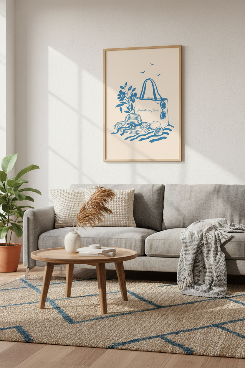 Coastal Summer Art Print | Minimalist Blue Beach Decor | Mediterranean Poster