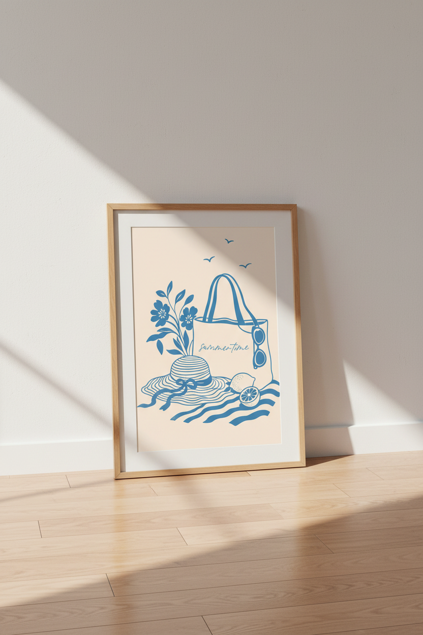 Coastal Summer Art Print | Minimalist Blue Beach Decor | Mediterranean Poster