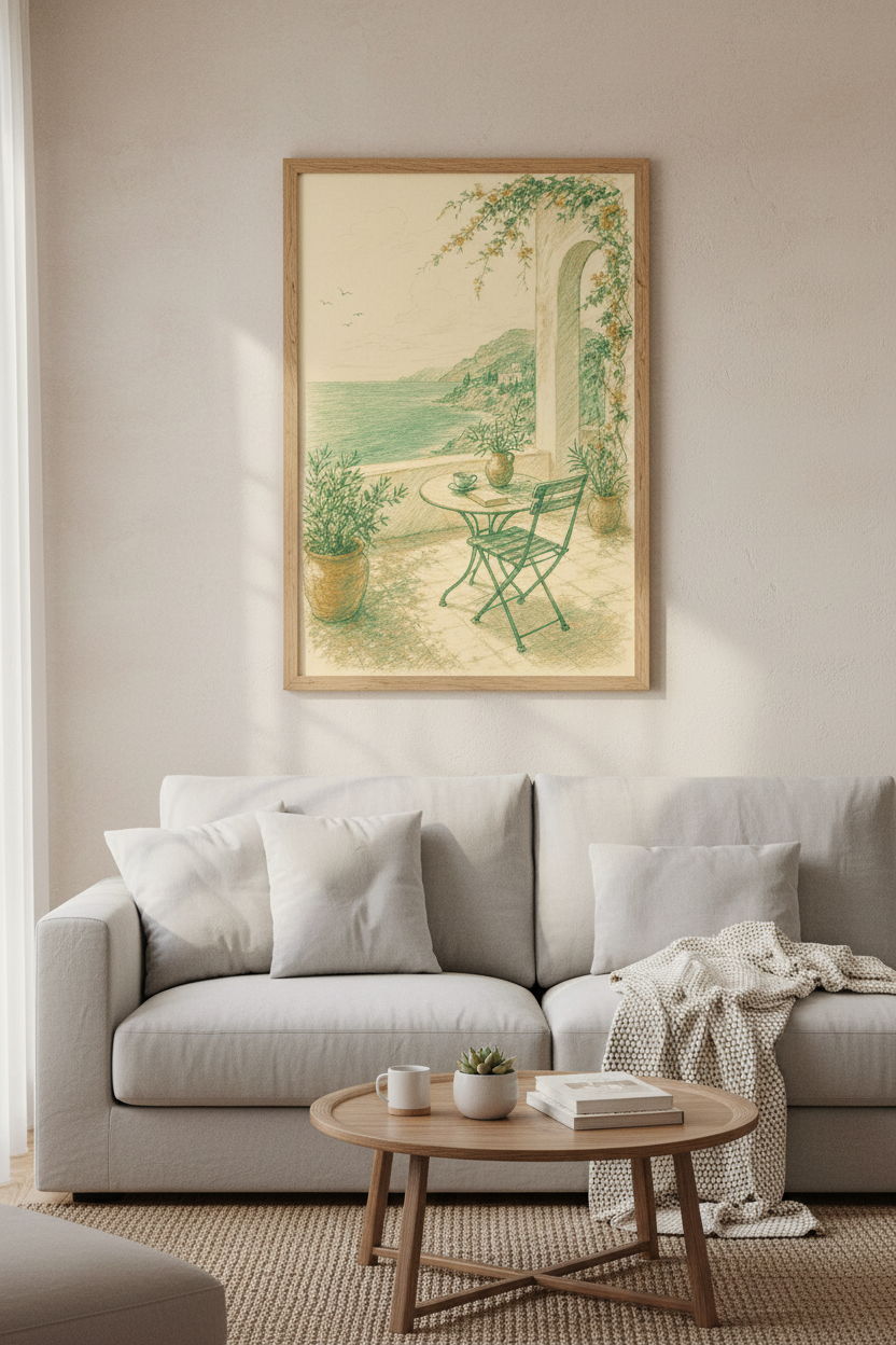 Mediterranean Coastal Terrace Sketch | Vintage Balcony Print, European Travel Wall Art