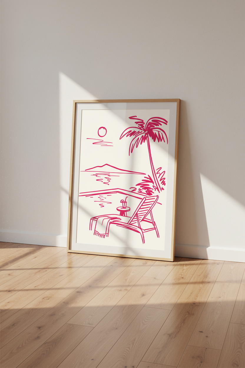 Minimalist Pink Palm Beach Art | Coastal Poolside Sketch, Preppy Decor