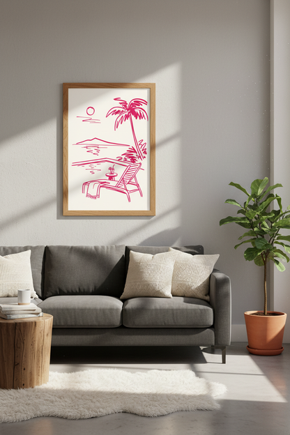 Minimalist Pink Palm Beach Art | Coastal Poolside Sketch, Preppy Decor