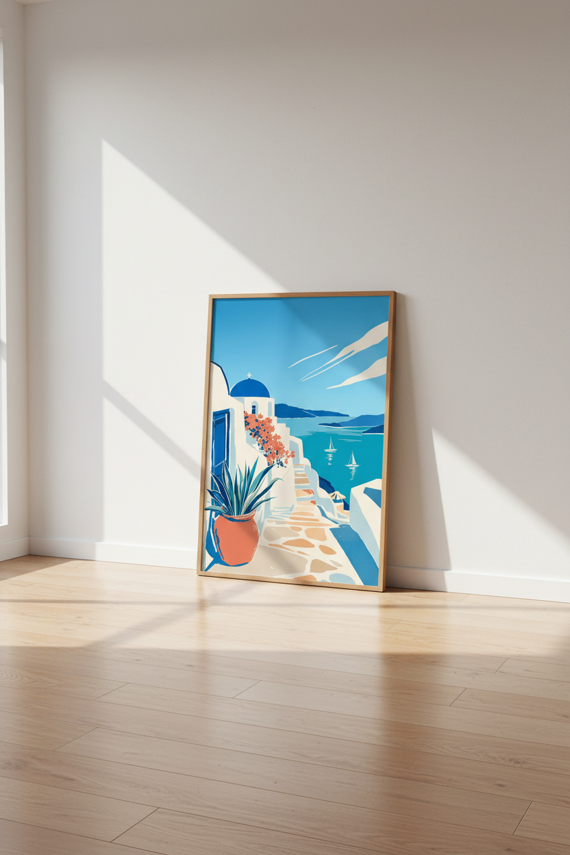 Santorini Greece Wall Art | Blue Dome Travel Poster, Mediterranean Decor