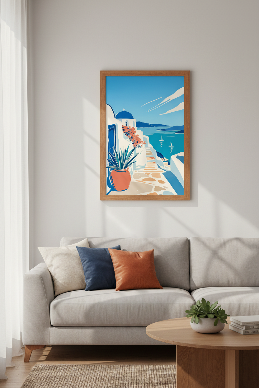 Santorini Greece Wall Art | Blue Dome Travel Poster, Mediterranean Decor