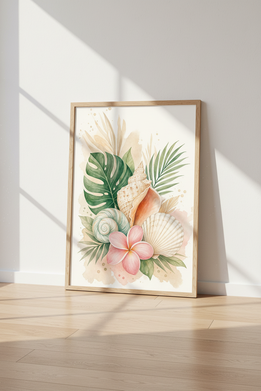 Watercolor Seashells &amp; Tropical Leaves Wall Art | Coastal Bathroom Decor | Beach Poster