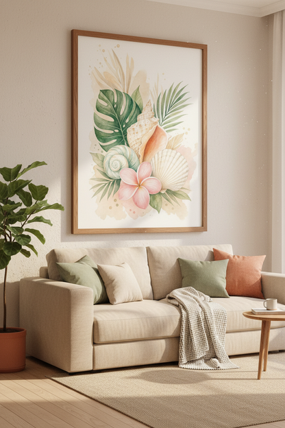 Watercolor Seashells &amp; Tropical Leaves Wall Art | Coastal Bathroom Decor | Beach Poster