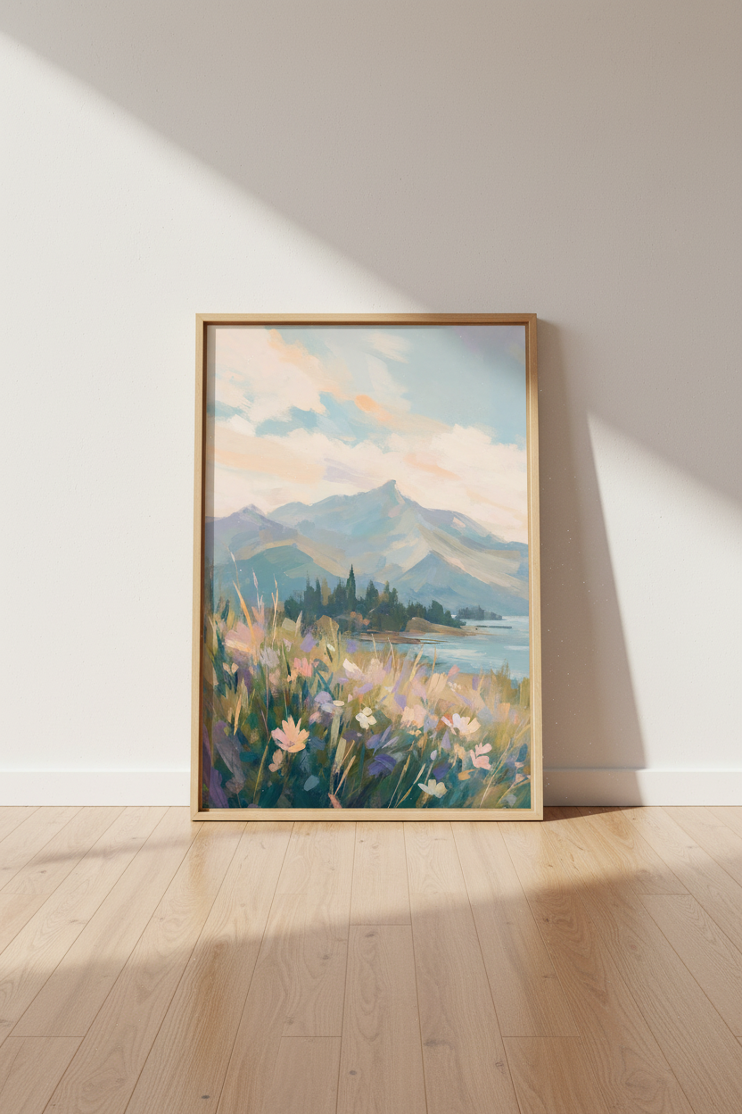 Mountain Landscape Art | Pastel Floral Nature Print, Living Room Decor