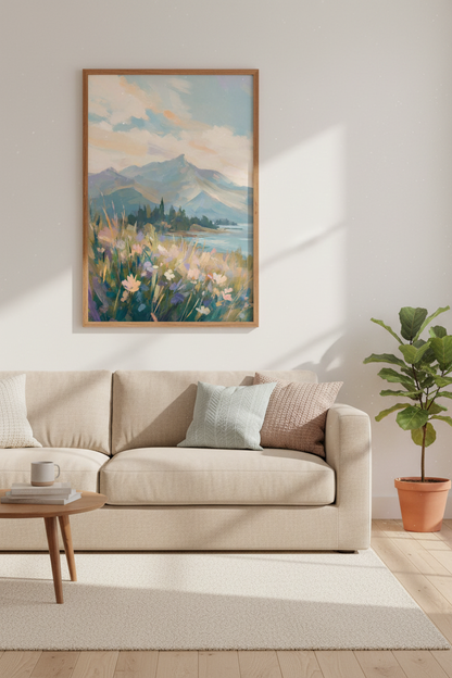Mountain Landscape Art | Pastel Floral Nature Print, Living Room Decor