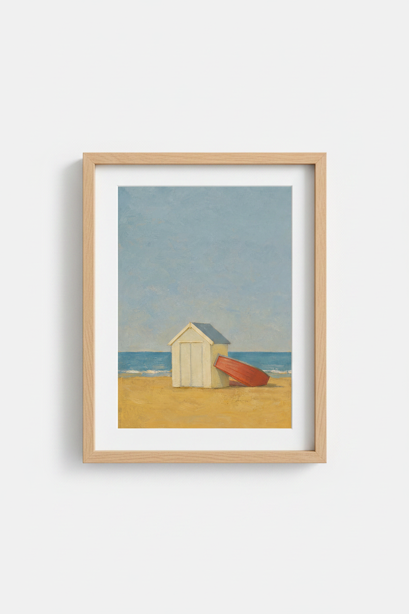 Beach Hut Wall Art | Coastal Impressionist Bluish Sky | Living Room Decor