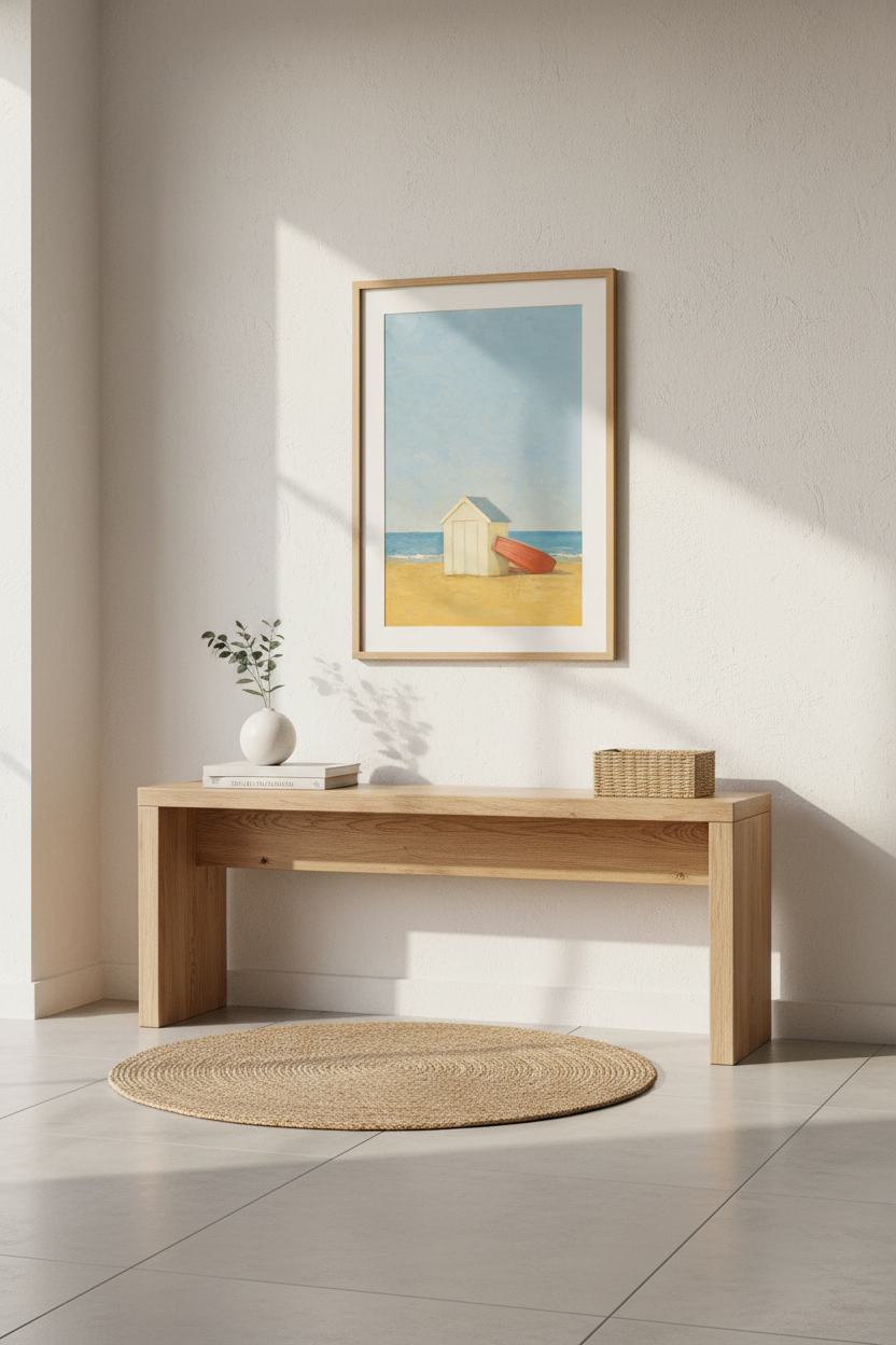 Beach Hut Wall Art | Coastal Impressionist Bluish Sky | Living Room Decor