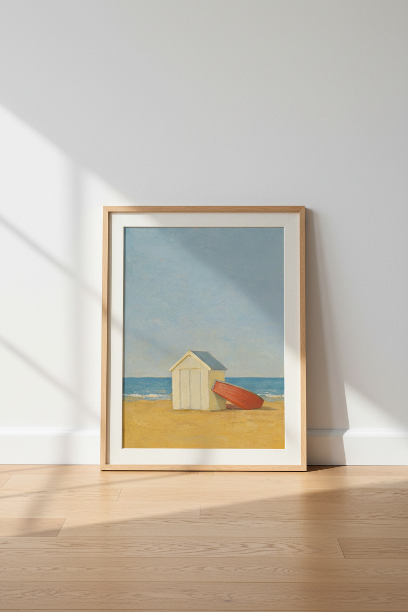 Beach Hut Wall Art | Coastal Impressionist Bluish Sky | Living Room Decor