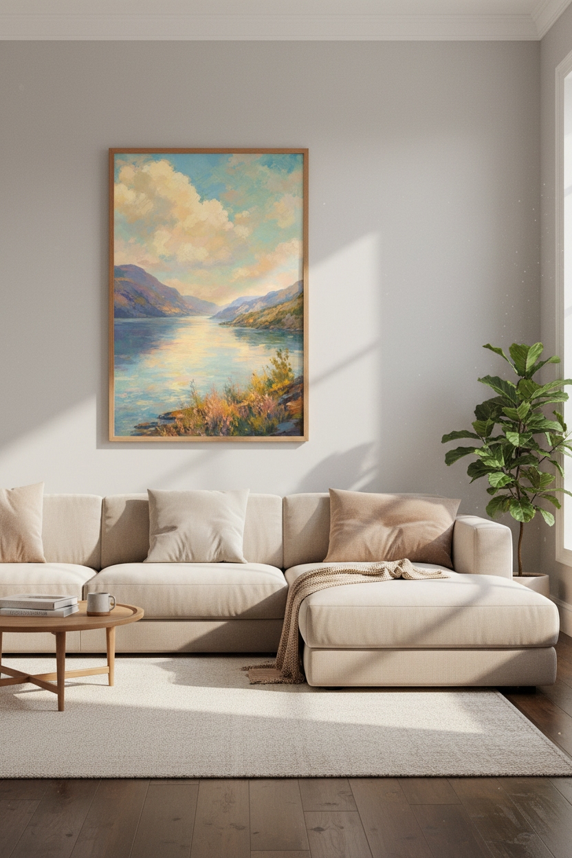 Mountain Lake Landscape | Impressionist Pastel Painting, Living Room Decor