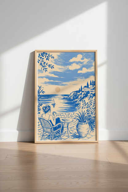 Mediterranean Coast Print | Blue &amp; Cream Coffee Scene, Seaside Wall Art