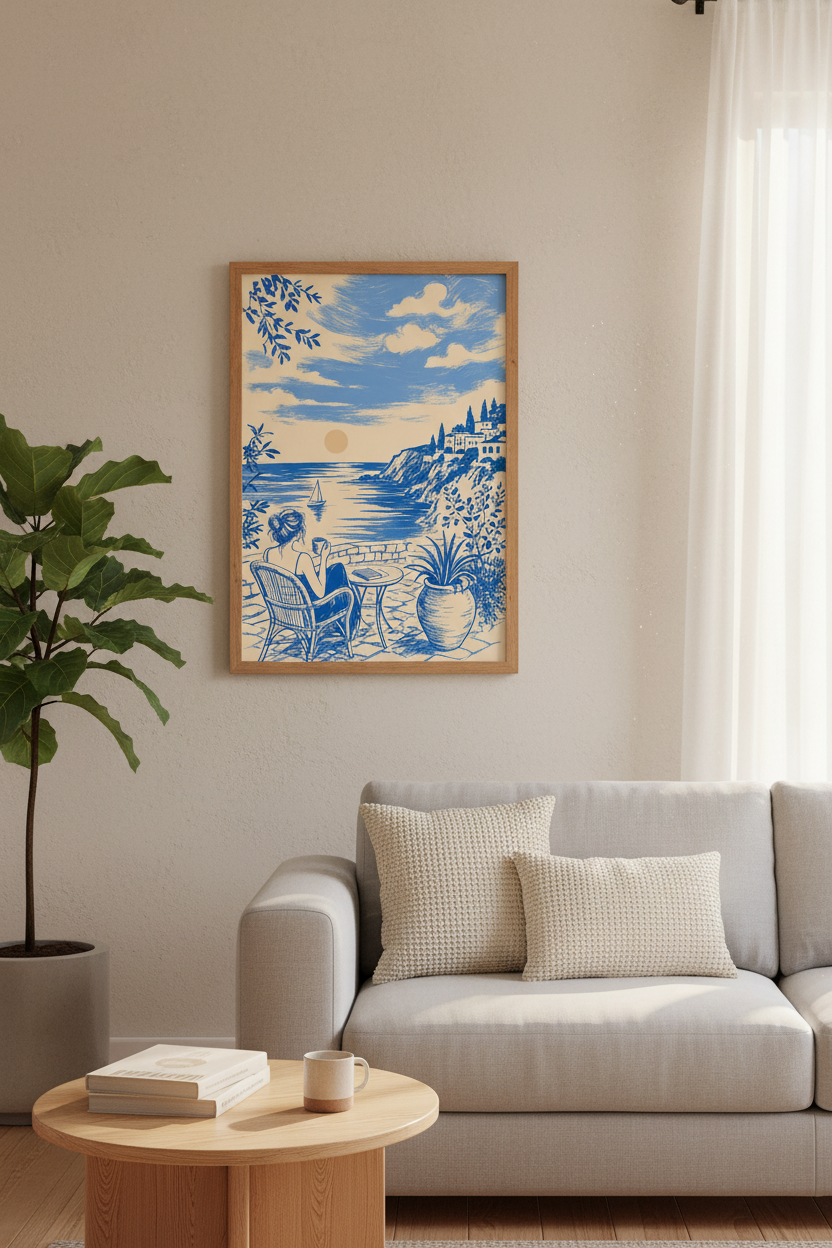 Mediterranean Coast Print | Blue &amp; Cream Coffee Scene, Seaside Wall Art