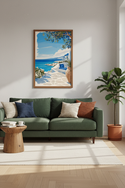Santorini Greece Wall Art | Coastal Mediterranean Blue &amp; White, Living Room Decor