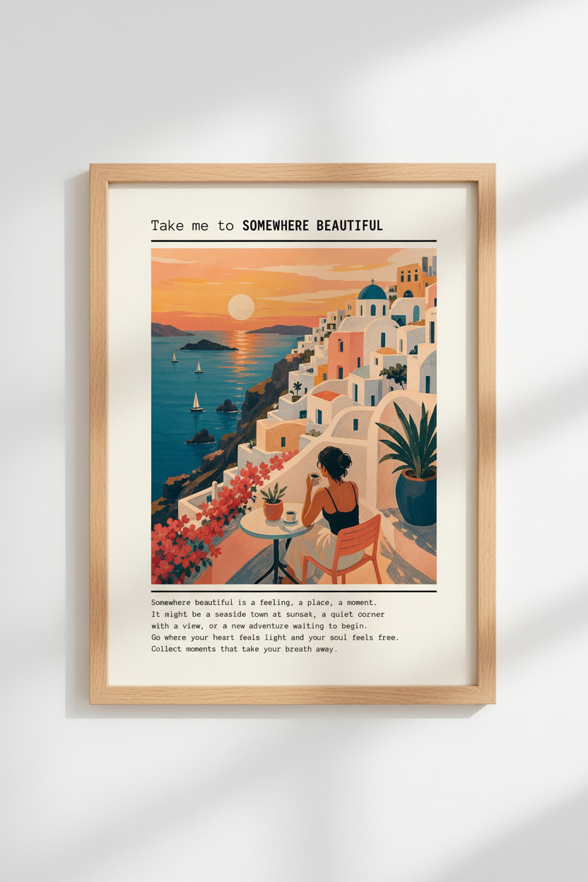 Santorini Greece Wall Art | Mediterranean Sunset Poster, Coastal Travel Decor