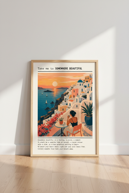 Santorini Greece Wall Art | Mediterranean Sunset Poster, Coastal Travel Decor
