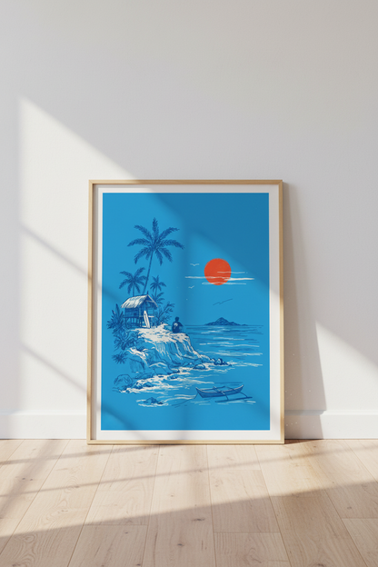 Surf Beach Sunset Wall Art | Tropical Blue &amp; Red Decor | Island Life Poster